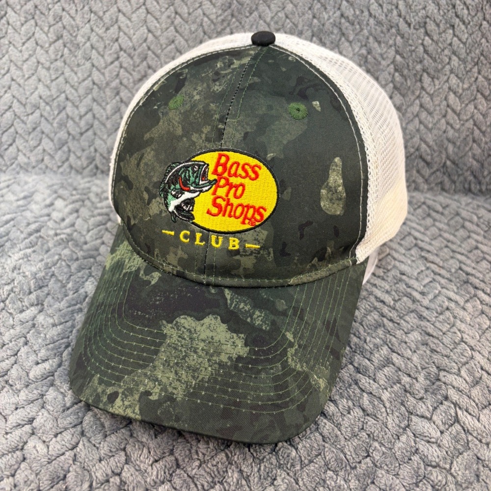 Bass Pro Shops Club Trucker Hat Camo Mesh Snapback Cap Green White